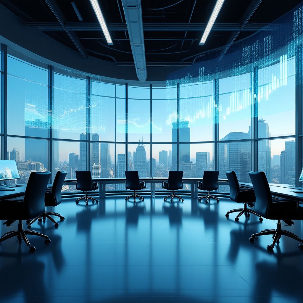 Oficina moderna con gráficos económicos superpuestos